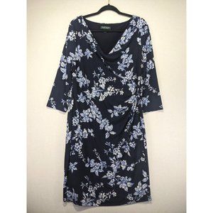 Lauren Ralph Lauren Dress Womens Size 16 Navy Floral Midi Ruched Business Career